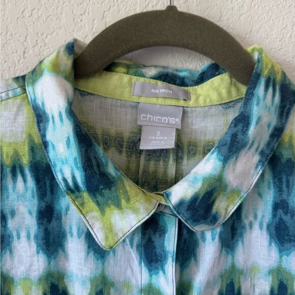 Chico’s No Iron 100% Linen Button Up Top Tie Dye Look Sz 3 US 16 3/4 Sleeve Boho - Picture 3 of 7